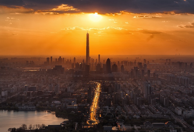 Tianjin, sunset, panorama, cityscapes, Asia, China