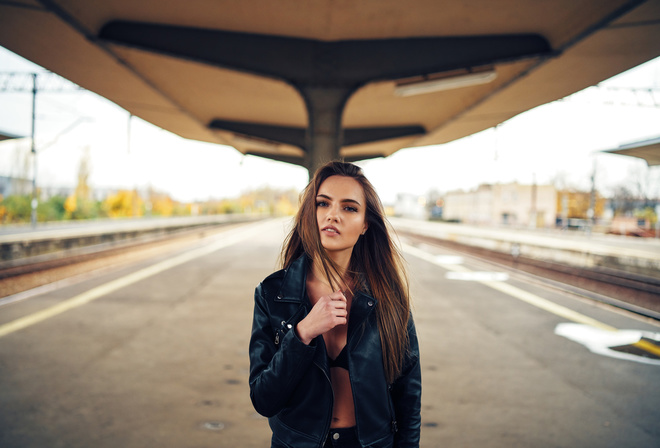 women, portrait, leather jackets, black bras, blue eyes