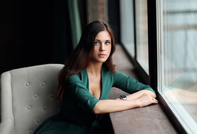 women, Dmitry Arhar, green dress, portrait, green eyes, window, belt