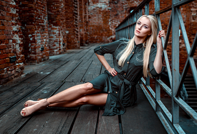 women, Damian Piorko, blonde, red nails, dress, portrait, sitting, bricks, stairs