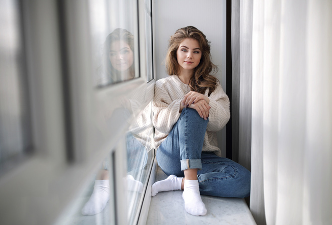 women, sitting, jeans, window, smiling, reflection, portrait, socks