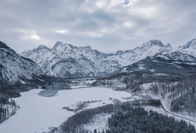 Austria, Almsee, Lake, Snow, Mountain, Winter, Clouds, , , 