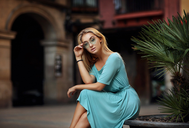 women, Dmitry Arhar, blonde, sitting, portrait, dress, women with glasses