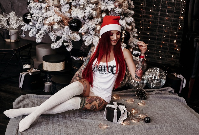 women, redhead, Santa hats, tattoo, Christmas tree, long hair, brunette, smiling, panties, white stockings