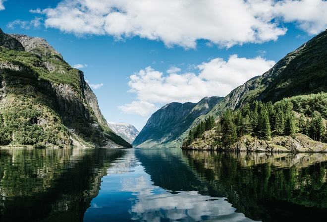 landscape, nature, water, clouds, forest, mountains