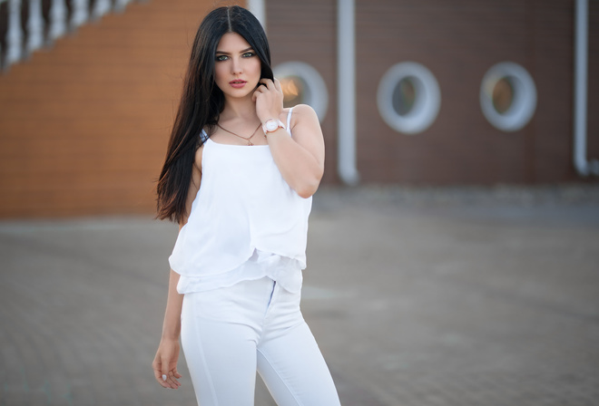 women, Dmitry Sn, white clothing, portrait, white nails, necklace