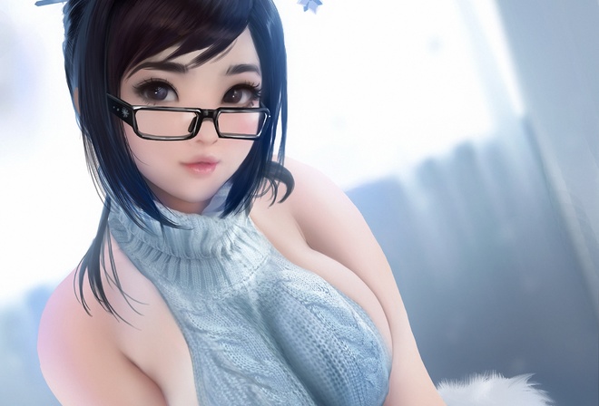 anime, beauty spot, Sakimichan, Virgin Killer Sweater, Mei (Overwatch)