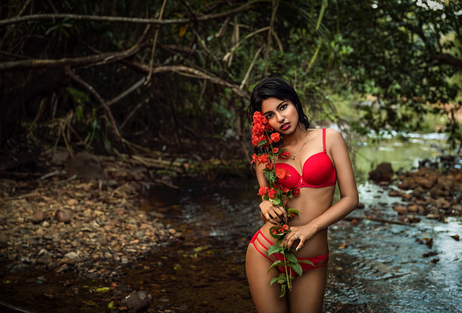 women, river, red lingerie, necklace, red lipstick, black nails, wet body, wet hair, brunette, water drops, women outdoors, flowers