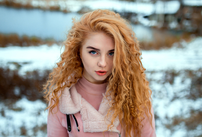 women, blonde, blue eyes, portrait, snow, coats, women outdoors