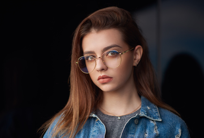 women, face, denim, portrait, women with glasses, eyeliner, necklace