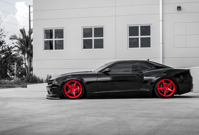 Chevrolet, Camaro, black, supercar, red, wheels, side view, tuning