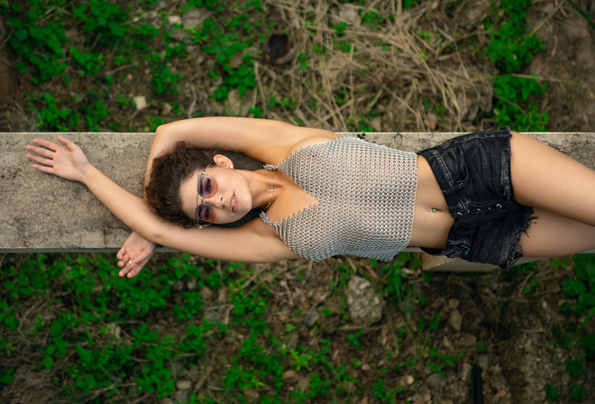 women, top view, belly, coat of mail, jean shorts, women with glasses, armpits, lying on back, pierced navel