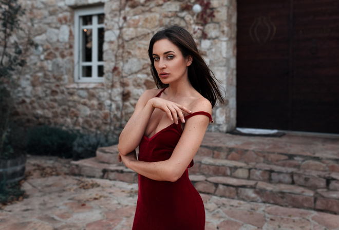 women, portrait, red dress, women outdoors, window, door