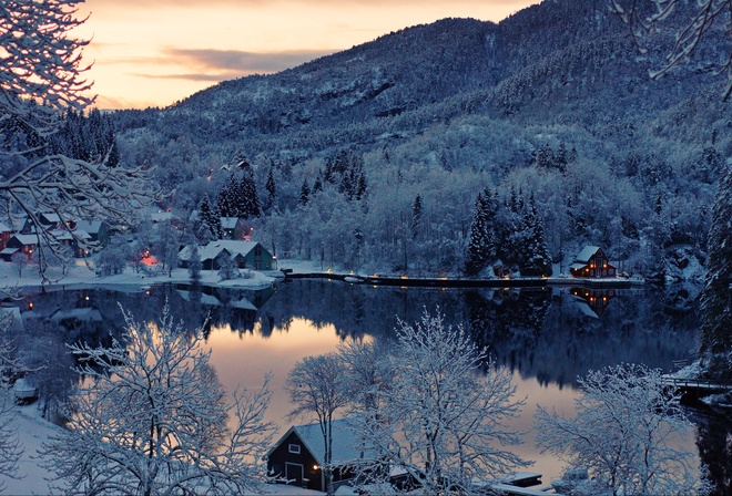 Finland, winter, lake, houses, trees, mountains, landscape