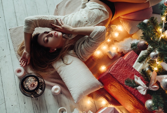 women, Christmas Tree, closed eyes, black panties, brunette, candles, on the floor, stockings, pillow, presents