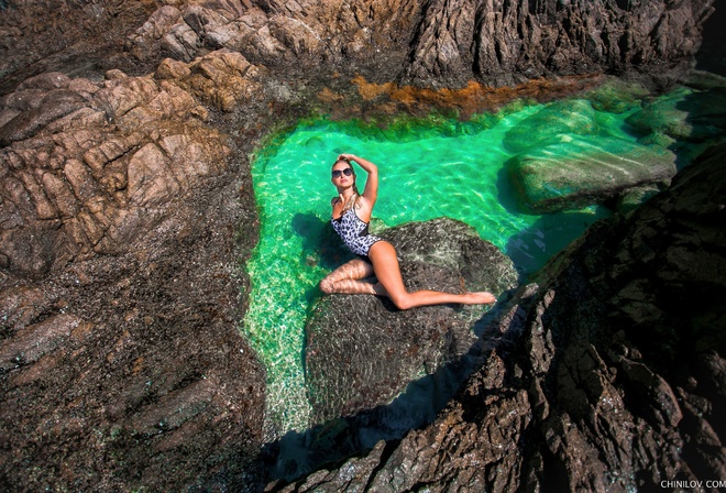 model, nature, swimwear, women outdoors, Ivan Chinilov, water, rock, women with shades