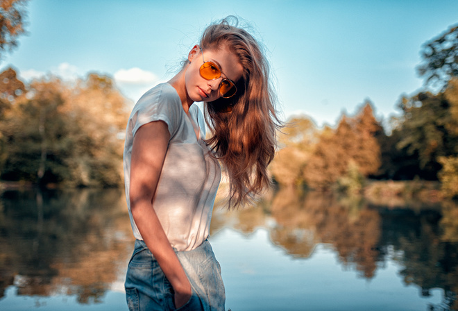 women, river, blonde, overalls, women with glasses, portrait, women outdoors