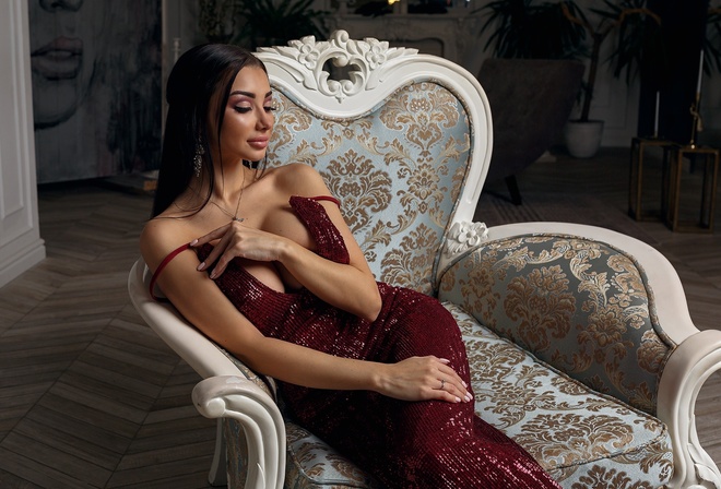 women, sitting, bare shoulders, pink nails, red dress, pink lipstick, necklace, portrait, plants, cleavage, candles