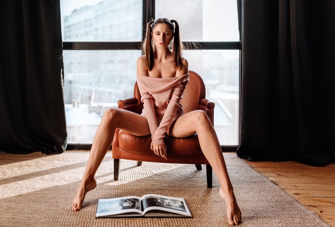 women, Disha Shemetova, sitting, pigtails, books, window, bare shoulders, panties