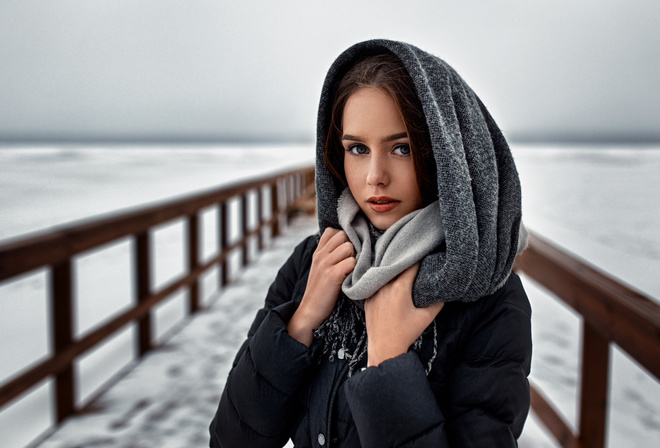 women, portrait, black coat, scarf, hoods, red lipstick, women outdoors, fence