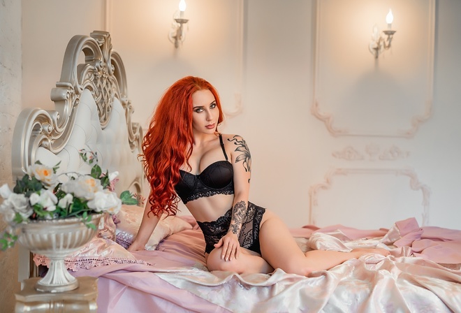 Eva Rudneva, model, redhead, in bed, women indoors, lingerie