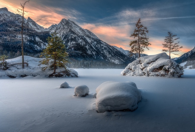 Обои природа, пейзаж, зима, снег, горы, камни, деревья ...