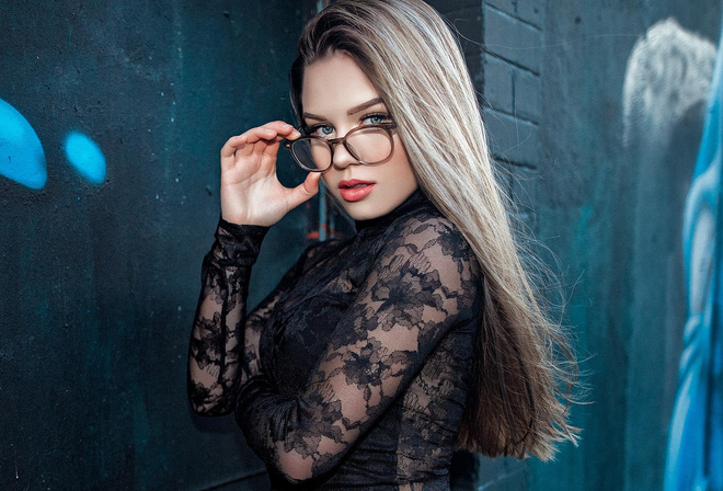 women, blonde, portrait, wall, women with glasses, long hair, gray eyes