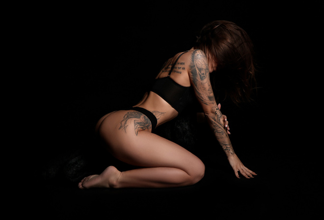 women, black lingerie, brunette, kneeling, ass, black background, painted nails, hair in face, tattoo