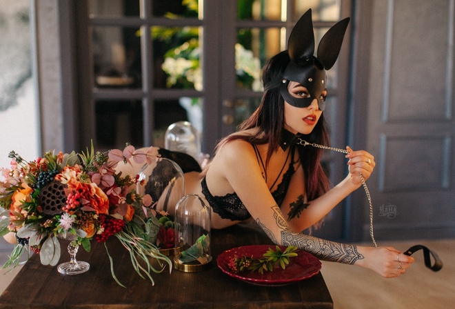 women, red lipstick, black lingerie, mask, ass, table, tattoo, brunette