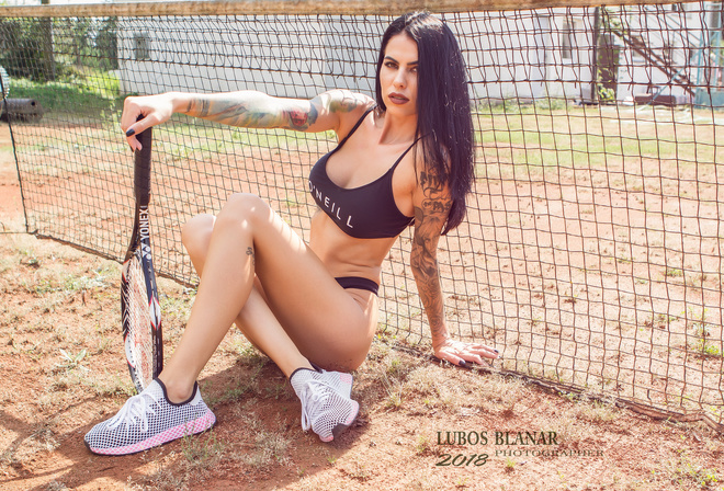 women, brunette, tattoo, sneakers, sitting, sportswear, women outdoors, tennis rackets, Black top, painted nails