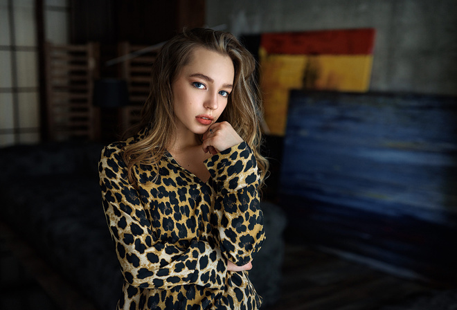 women, blue eyes, portrait, face, animal print