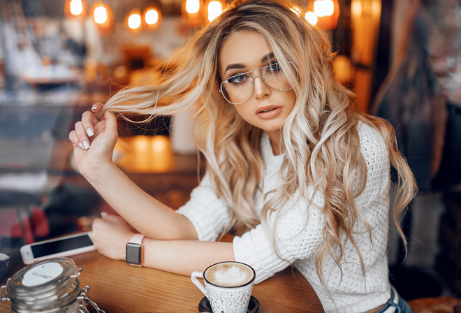 women, blonde, cellphone, watch, women with glasses, portrait, cup