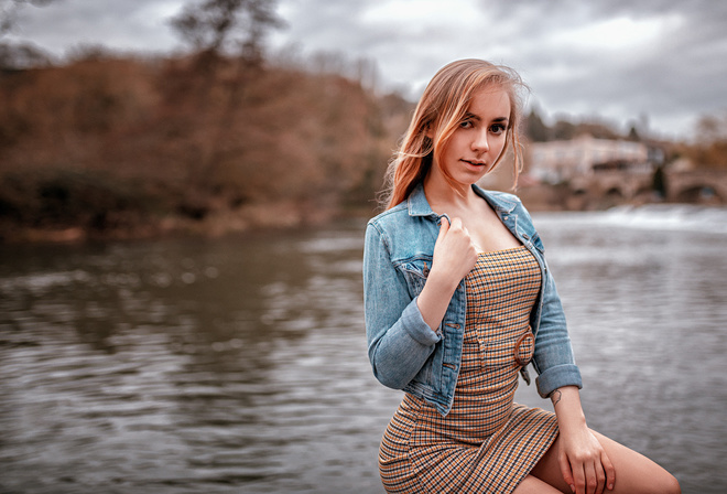 women, dress, river, women outdoors, denim, tight dress, smiling, sitting, portrait