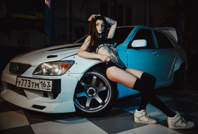 women, Artem Solovev, Garage, knee-highs, sneakers, women with cars, ass, tattoo, belly, sportswear, black stockings, blue eyes