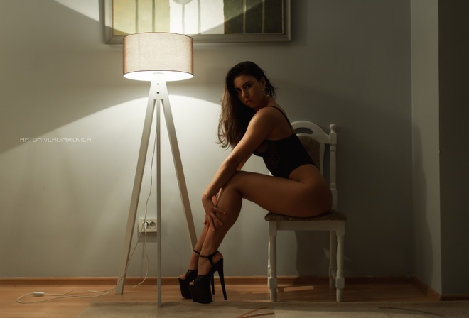 women, brunette, Anton Vladimirovich, sitting, high heels, ass, body lingerie, chair, lamp, black lingerie