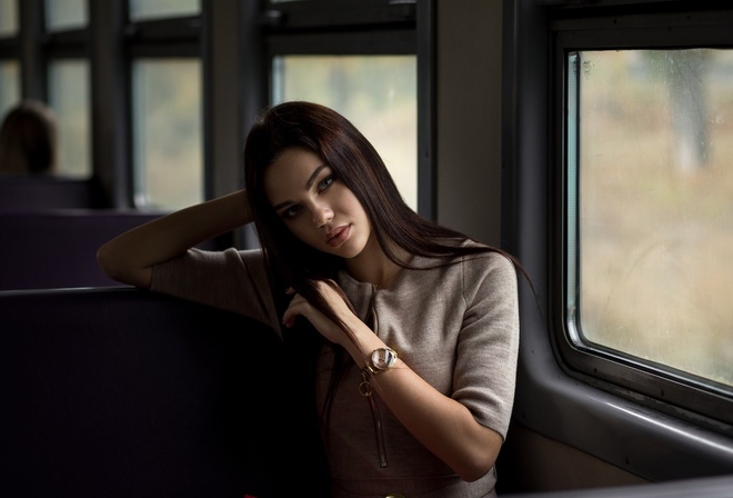 women, sitting, portrait, long hair, watch, train, painted nails, window