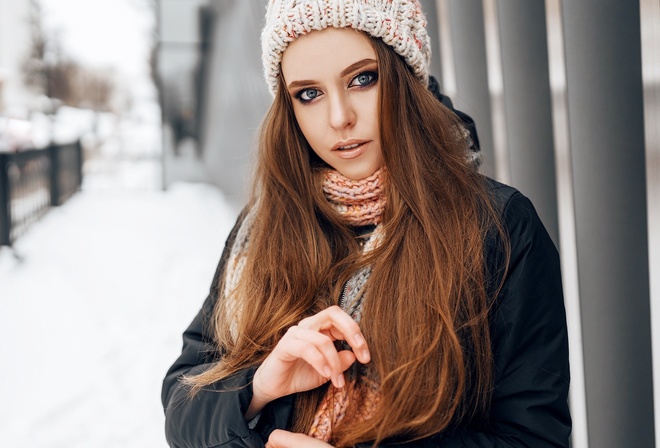 women, portrait, winter, scarf, coats, women outdoors, snow, blue eyes, long hair