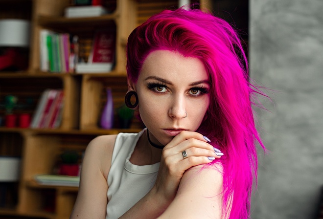 women, face, portrait, dyed hair, painted nails, nose ring