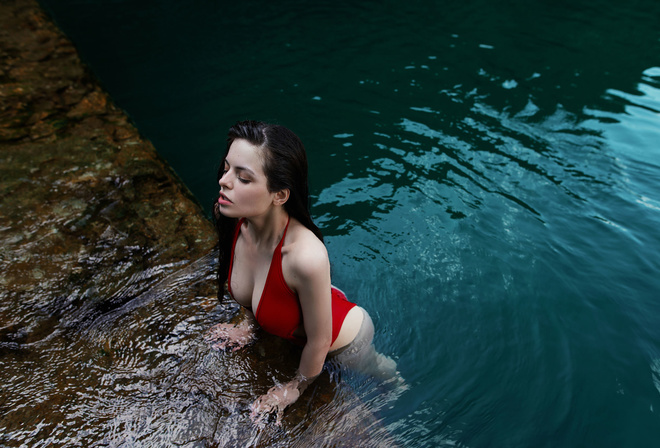 women, red swimsuit, ass, wet body, cleavage, wet hair, water, women outdoors, nipple through clothing