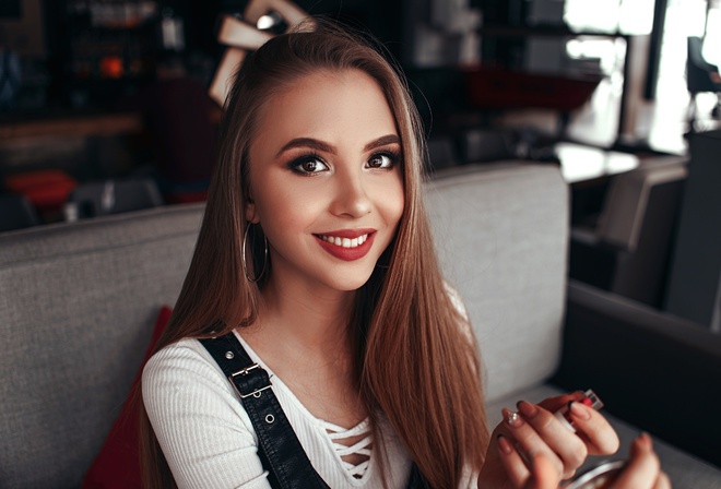 women, face, portrait, smiling, hoop earrings, sitting, lipstick, red lipstick, long hair, mirror, make up