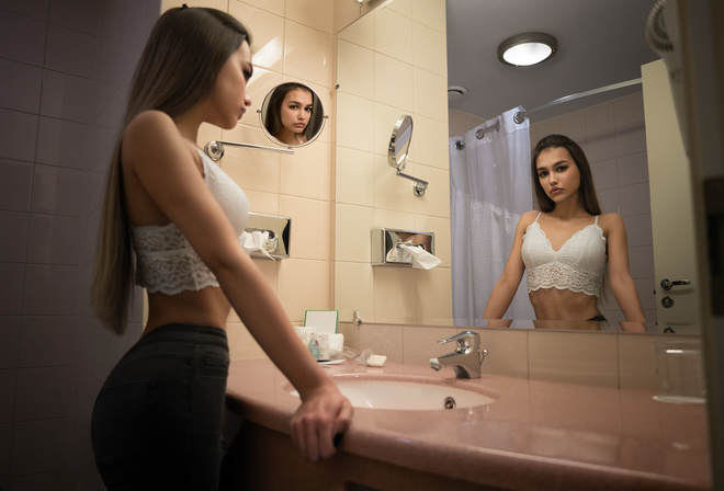 women, Anastasia Lis, mirror, reflection, bathroom, jeans, long hair, brunette, straight hair