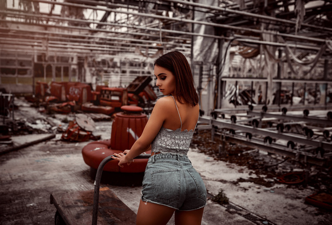 women, jean shorts, brunette, abandoned, red nails, back