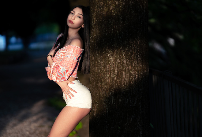 women, Marco Squassina, jean shorts, straight hair, trees, bare shoulders, ass, pink nails, portrait