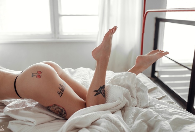 women, ass, black panties, feet in the air, tattoo, in bed, window, Sergey Freyer