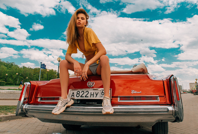 women, blonde, women outdoors, sneakers, women with cars, sitting, tattooAleksey Trifonov