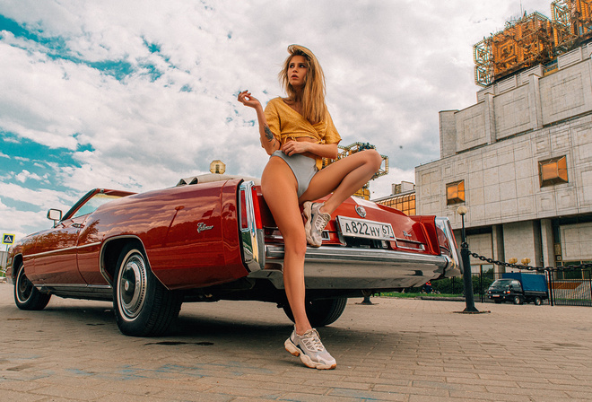 women, blonde, women outdoors, sneakers, women with cars, tattoo, Aleksey Trifonov