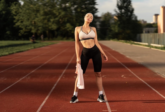 women, sportswear, sneakers, women outdoors, belly, White socks, closed eyes, pink lipstick, hair band