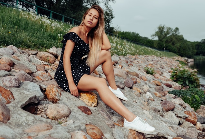 women, dress, sneakers, polka dots, sitting, river, brunette, women outdoors, long hair