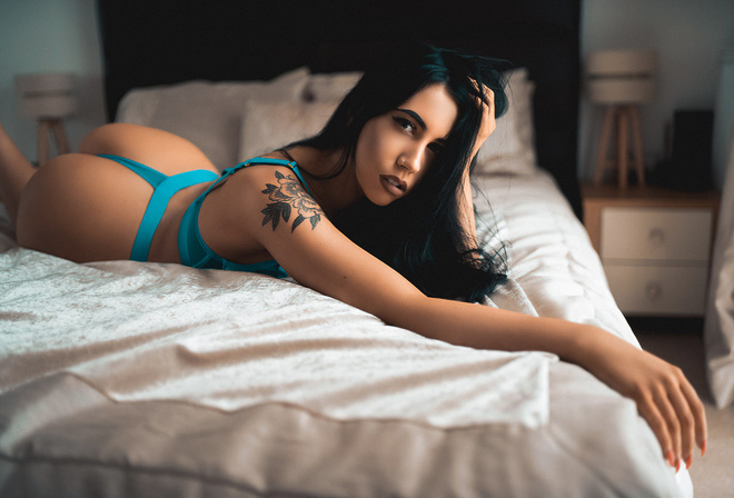 women, brunette, tattoo, in bed, nose ring, black hair, blue lingerie, painted nails, ass
