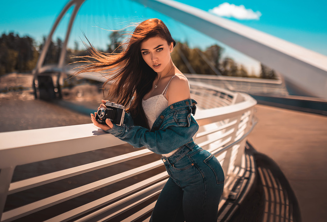 women, denim, jeans, camera, women outdoors, necklace, bridge, portrait, river, long hair